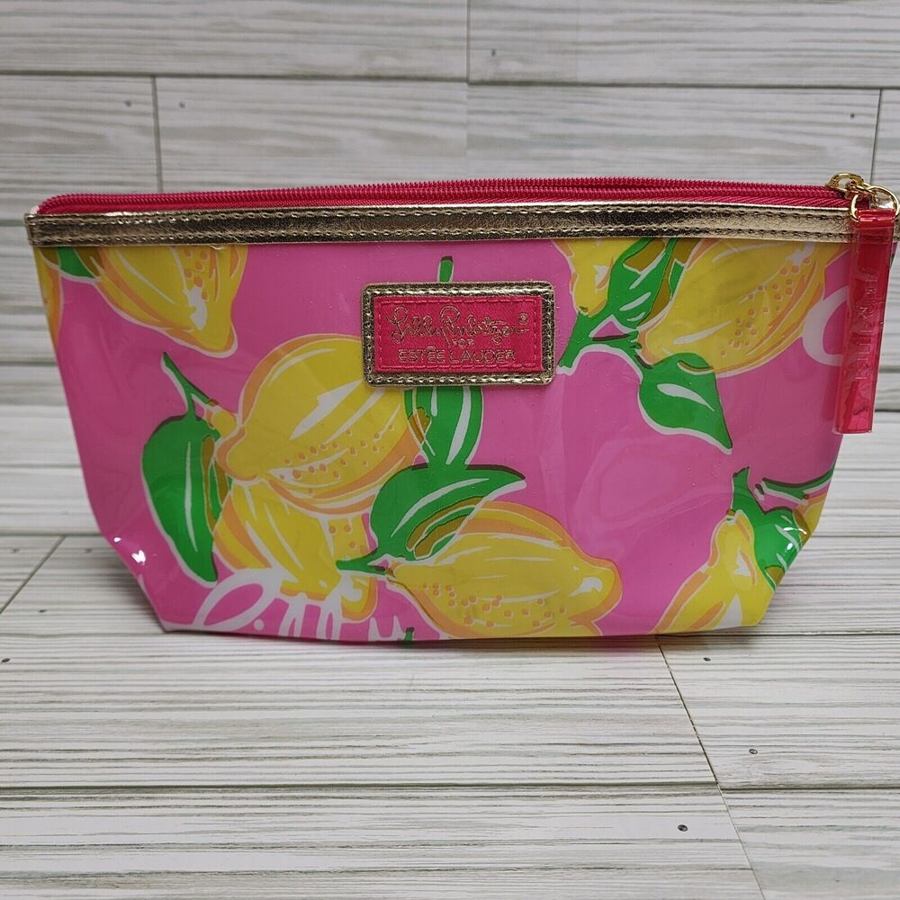 Lilly Pulitzer For Estee Lauder Pink Yellow Lemon Print Zip Pouch Makeup Bag New